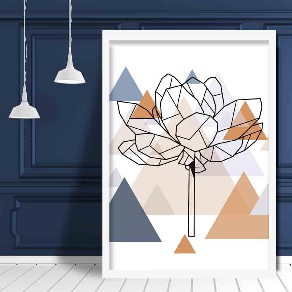Peony Flower Abstract Multi Geometric Scandinavian Blue,Copper Poster