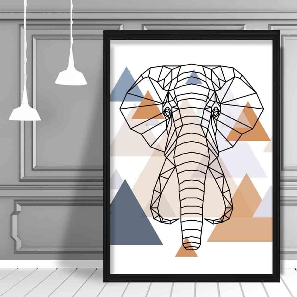 Elephant Head Abstract Multi Geometric Scandinavian Blue,Copper Poster