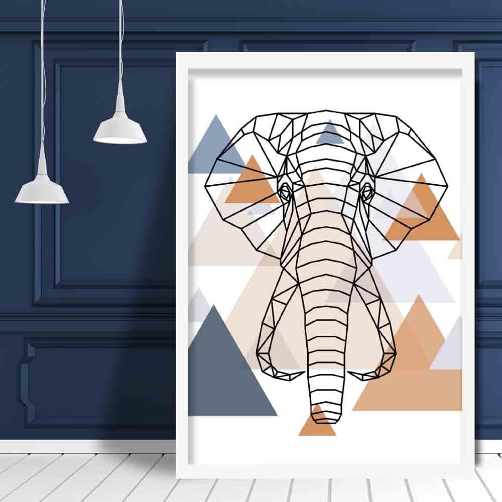 Elephant Head Abstract Multi Geometric Scandinavian Blue,Copper Poster
