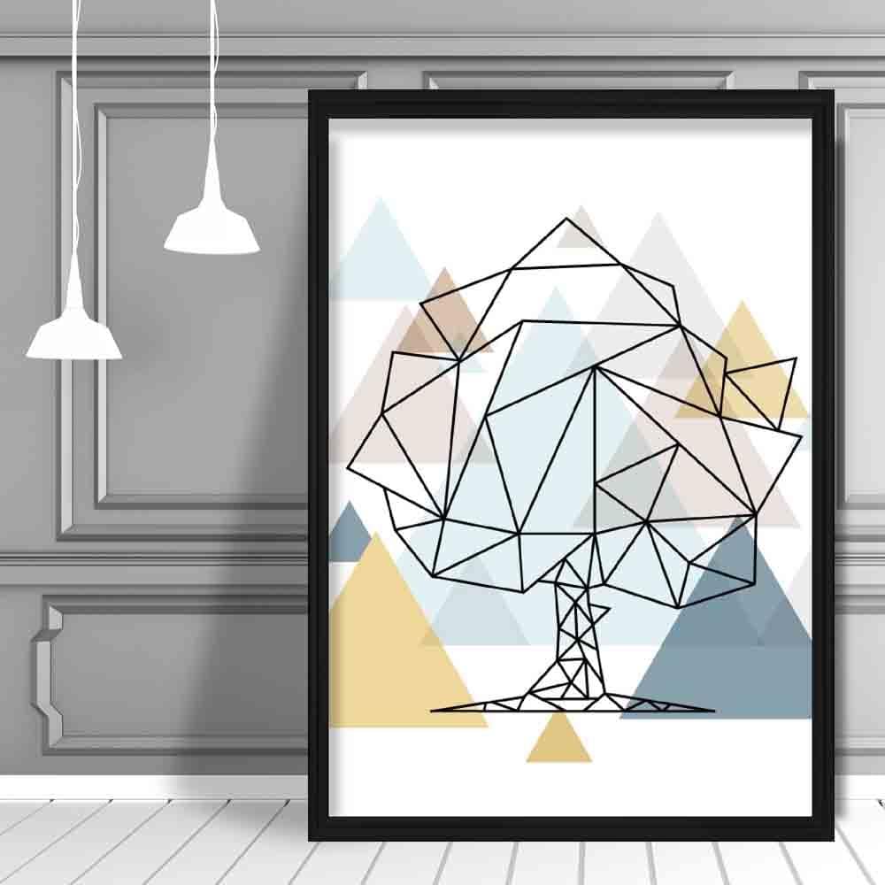 Tree Abstract Multi Geometric Scandinavian Blue,Yellow,Beige Poster