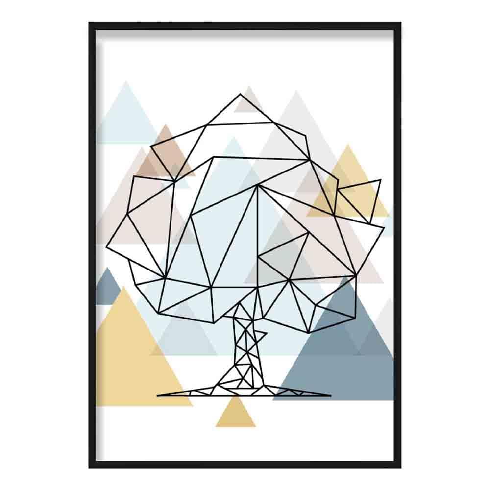 Tree Abstract Multi Geometric Scandinavian Blue,Yellow,Beige Poster