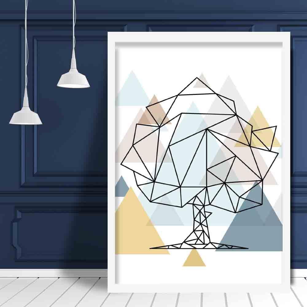 Tree Abstract Multi Geometric Scandinavian Blue,Yellow,Beige Poster