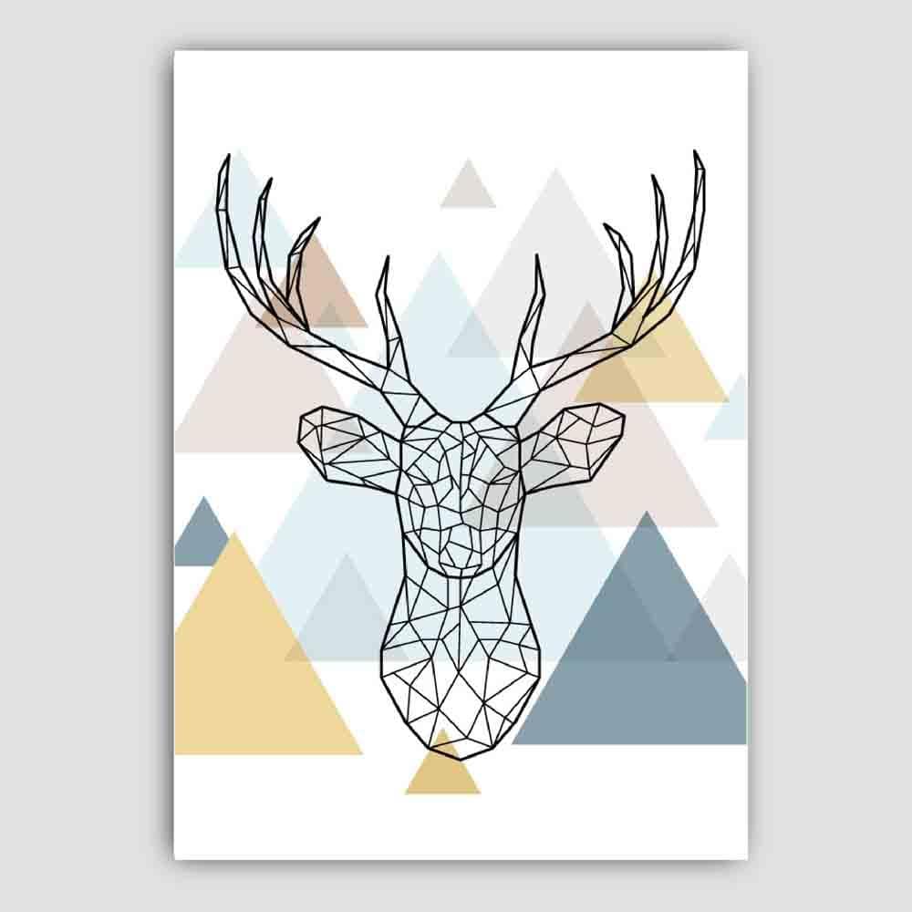 Stag Head Abstract Multi Geometric Scandinavian Blue,Yellow,Beige Poster