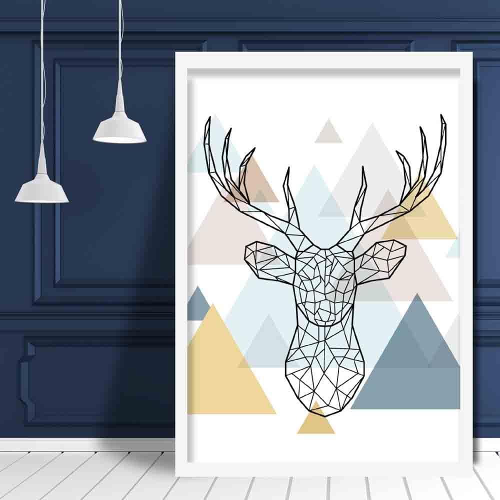 Stag Head Abstract Multi Geometric Scandinavian Blue,Yellow,Beige Poster