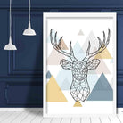 Stag Head Abstract Multi Geometric Scandinavian Blue,Yellow,Beige Poster