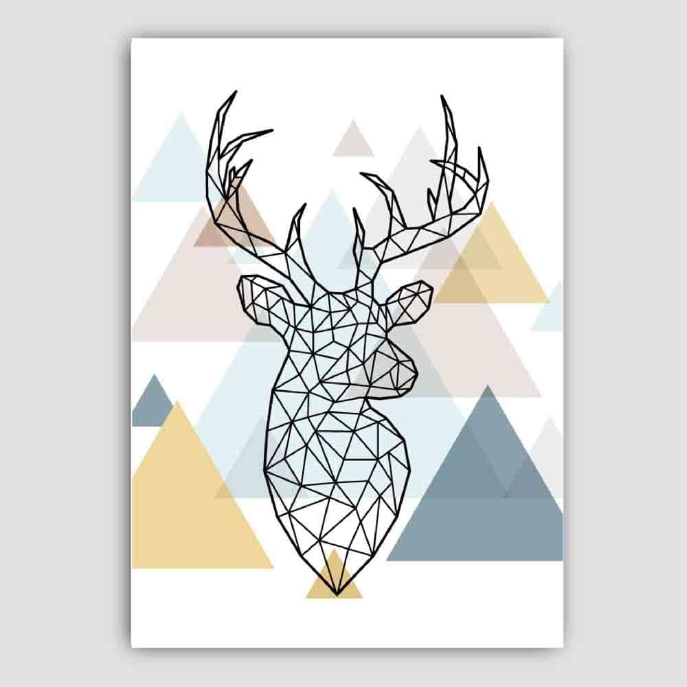 Stag Head Looking Right Abstract Multi Geometric Scandinavian Blue,Yellow,Beige Poster