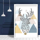 Stag Head Looking Right Abstract Multi Geometric Scandinavian Blue,Yellow,Beige Poster