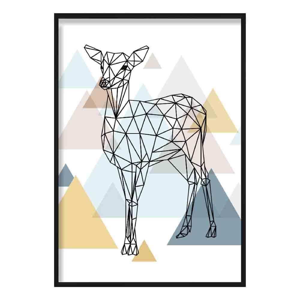 Deer Abstract Multi Geometric Scandinavian Blue,Yellow,Beige Poster