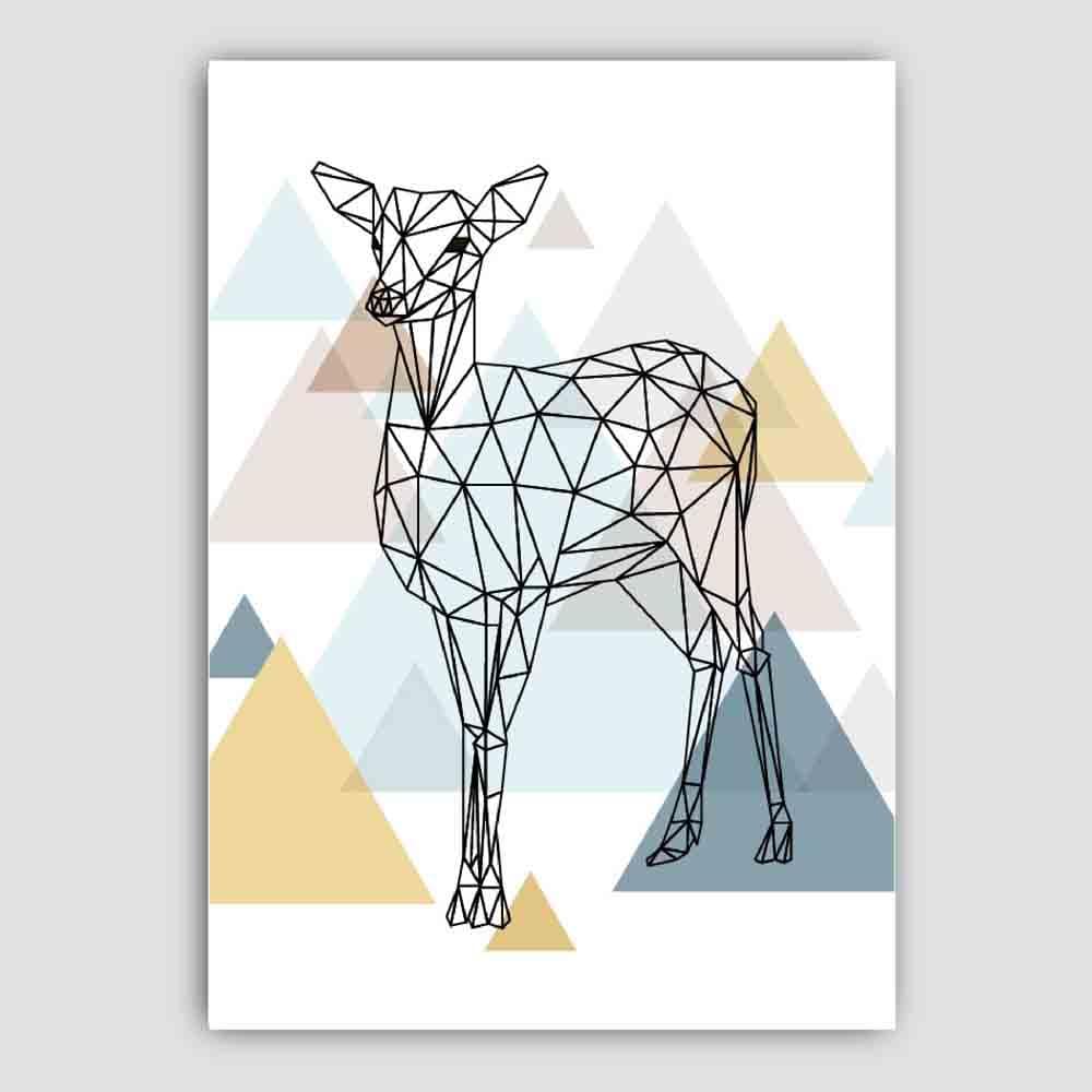 Deer Abstract Multi Geometric Scandinavian Blue,Yellow,Beige Poster
