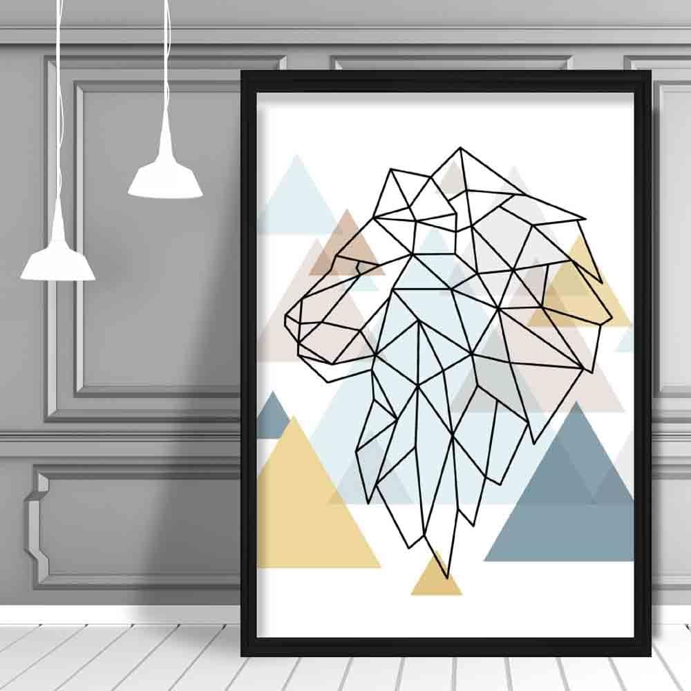 Lion Head Looking Left Abstract Multi Geometric Scandinavian Blue,Yellow,Beige Poster