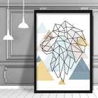 Lion Head Looking Left Abstract Multi Geometric Scandinavian Blue,Yellow,Beige Poster