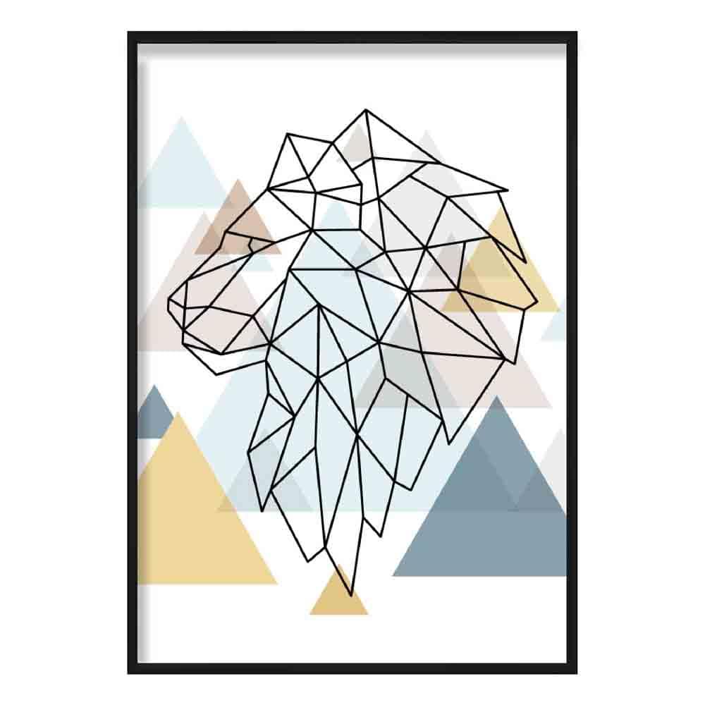 Lion Head Looking Left Abstract Multi Geometric Scandinavian Blue,Yellow,Beige Poster
