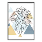 Lion Head Looking Left Abstract Multi Geometric Scandinavian Blue,Yellow,Beige Poster