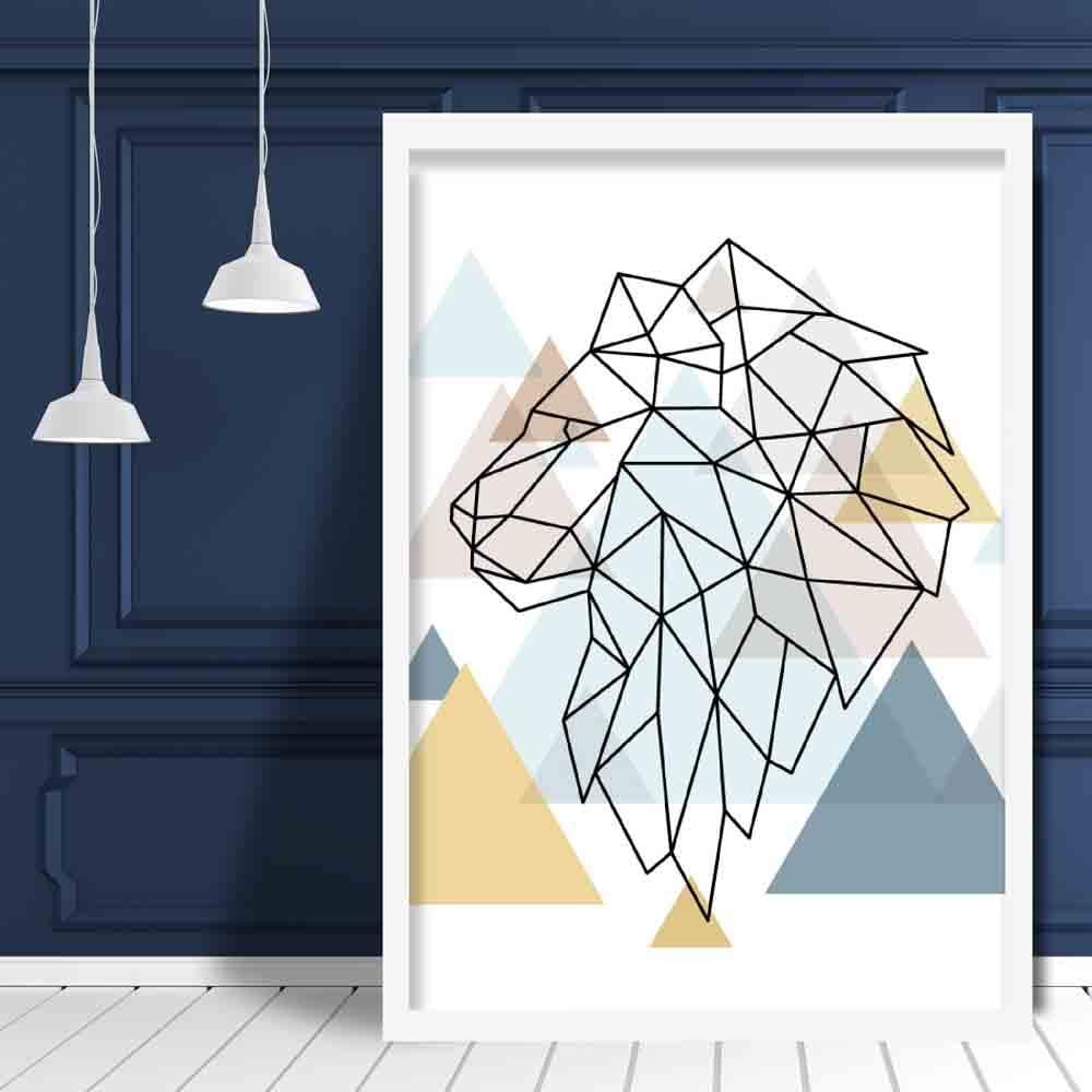 Lion Head Looking Left Abstract Multi Geometric Scandinavian Blue,Yellow,Beige Poster