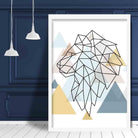 Lion Head Looking Left Abstract Multi Geometric Scandinavian Blue,Yellow,Beige Poster