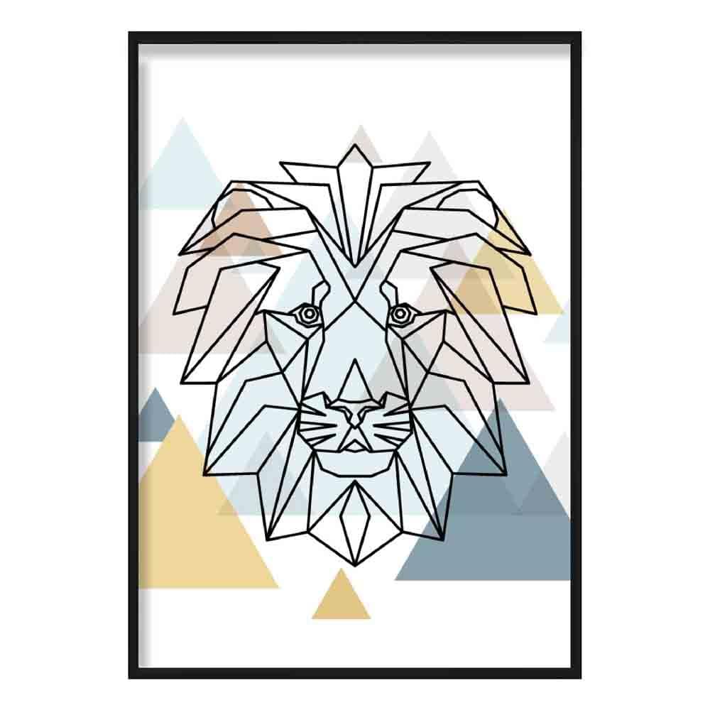 Lion Head Abstract Multi Geometric Scandinavian Blue,Yellow,Beige Poster