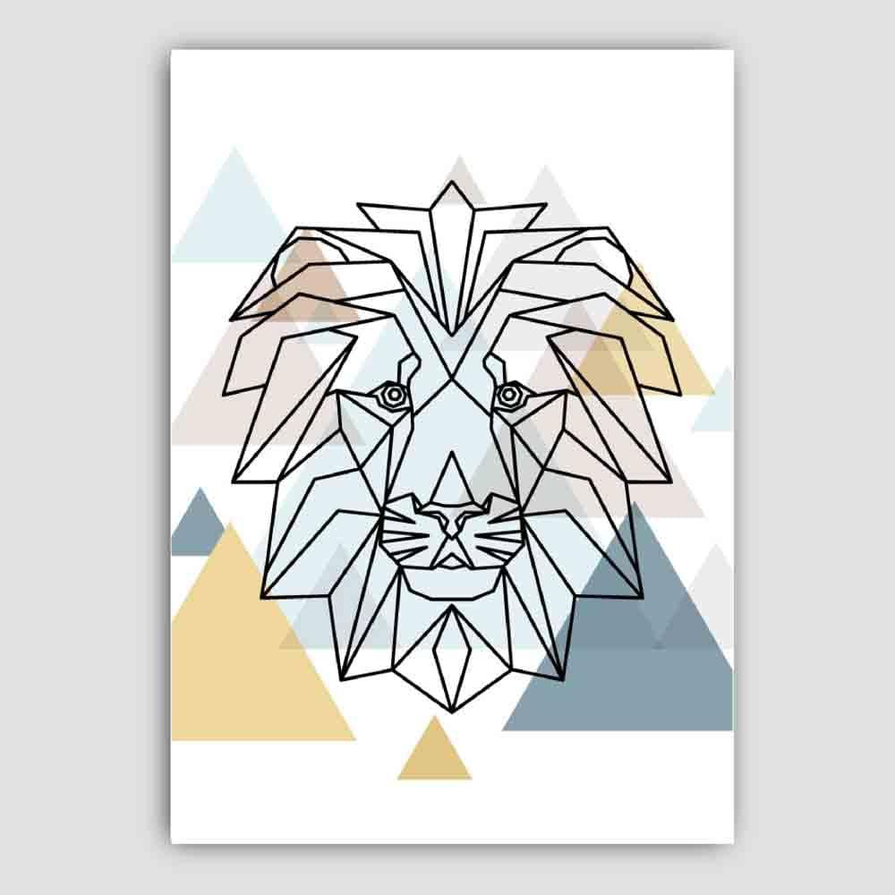 Lion Head Abstract Multi Geometric Scandinavian Blue,Yellow,Beige Poster