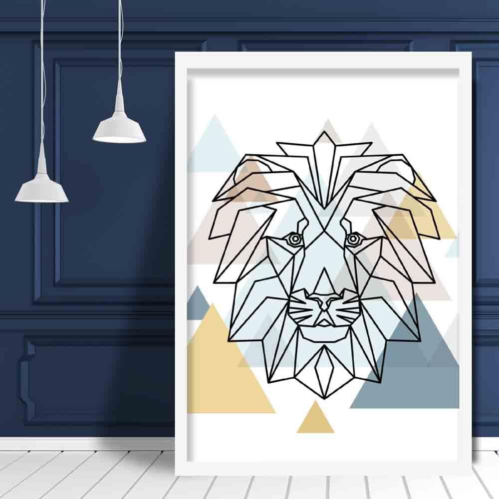 Lion Head Abstract Multi Geometric Scandinavian Blue,Yellow,Beige Poster