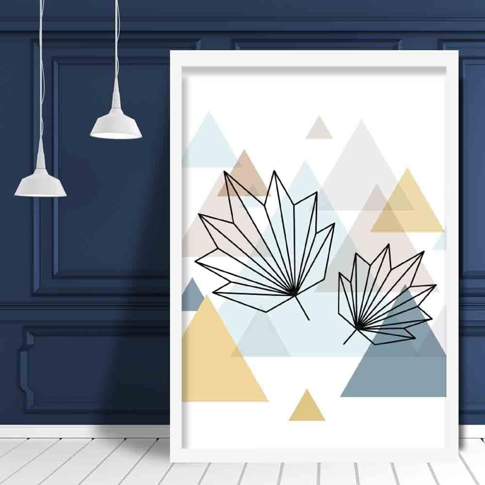 Tropical Leaves Abstract Multi Geometric Scandinavian Blue,Yellow,Beige Poster