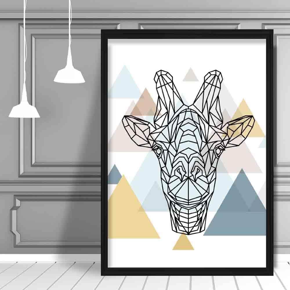 Giraffe Head Abstract Multi Geometric Scandinavian Blue,Yellow,Beige Poster