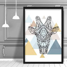 Giraffe Head Abstract Multi Geometric Scandinavian Blue,Yellow,Beige Poster