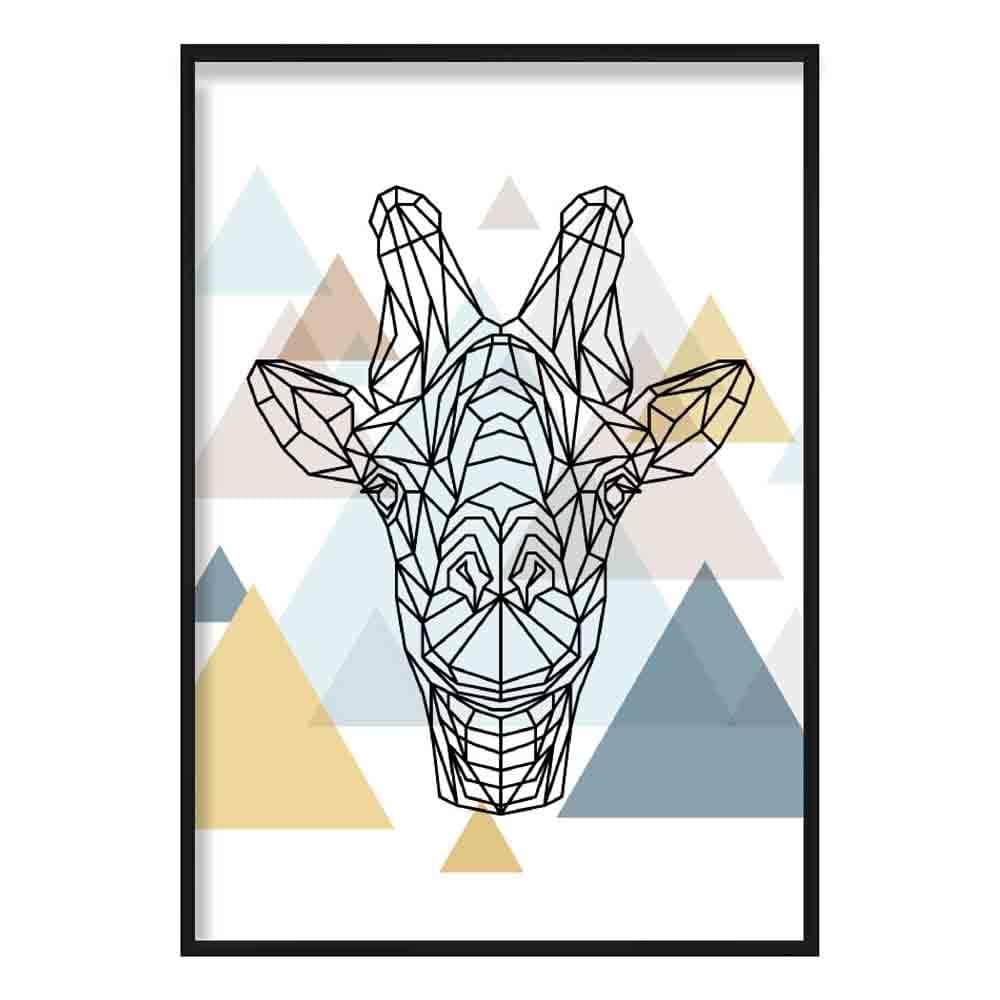 Giraffe Head Abstract Multi Geometric Scandinavian Blue,Yellow,Beige Poster