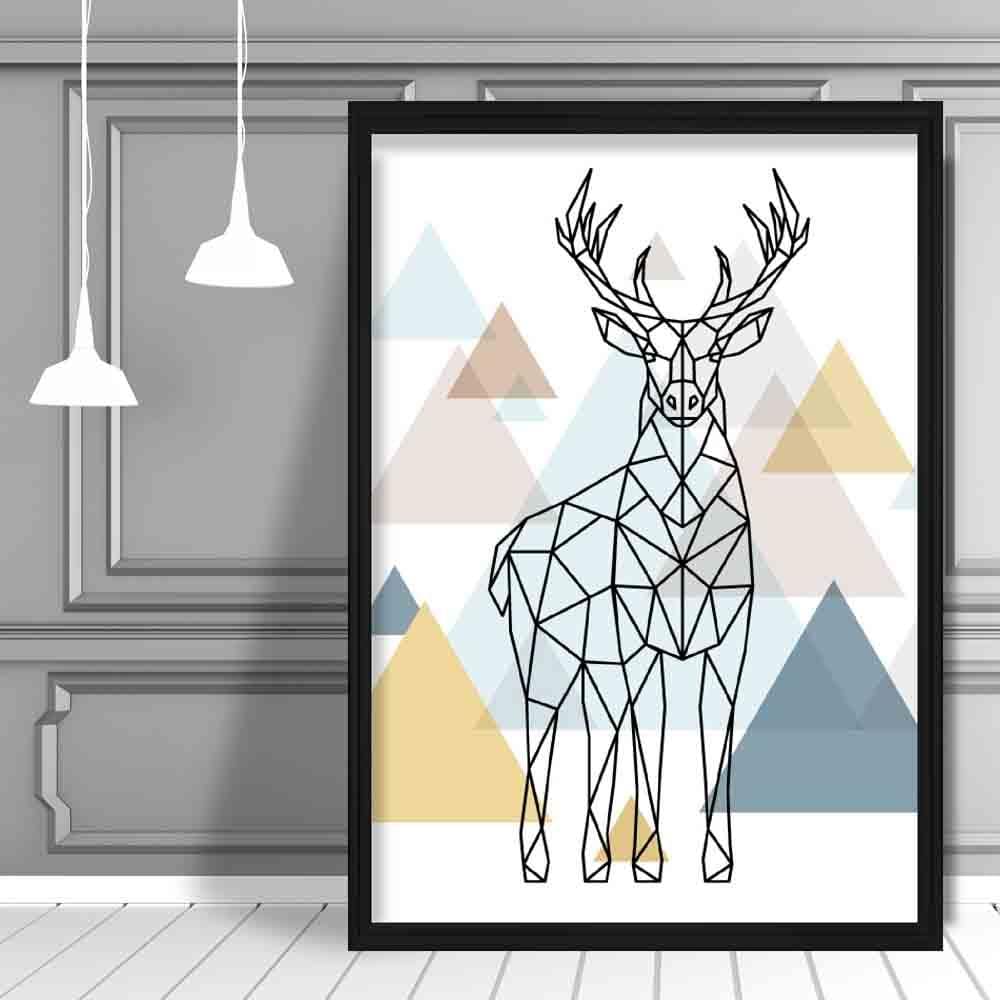 Majestic Stag Abstract Multi Geometric Scandinavian Blue,Yellow,Beige Poster