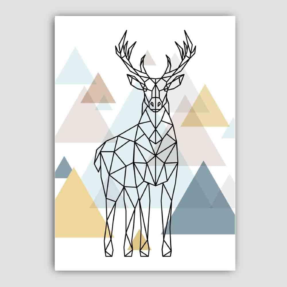 Majestic Stag Abstract Multi Geometric Scandinavian Blue,Yellow,Beige Poster