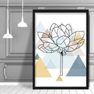 Peony Flower Abstract Multi Geometric Scandinavian Blue,Yellow,Beige Poster