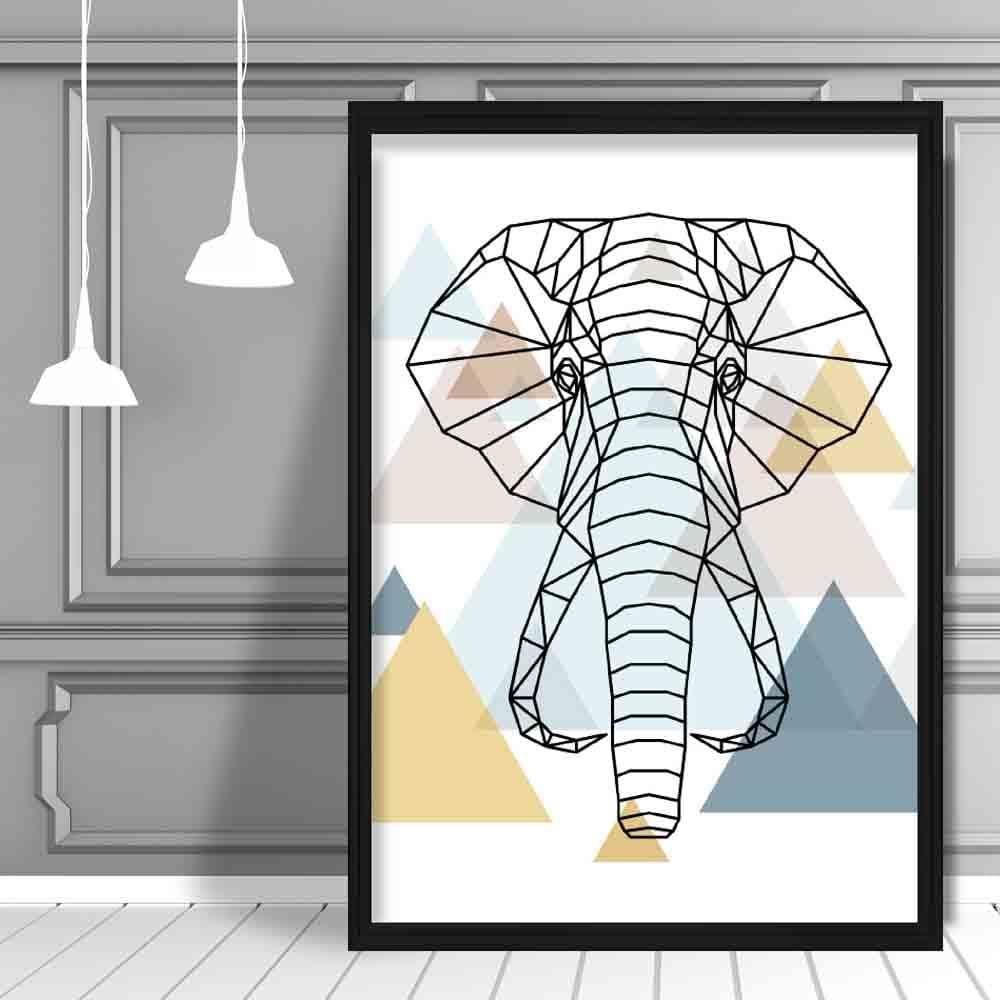 Elephant Head Abstract Multi Geometric Scandinavian Blue,Yellow,Beige Poster