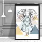 Elephant Head Abstract Multi Geometric Scandinavian Blue,Yellow,Beige Poster