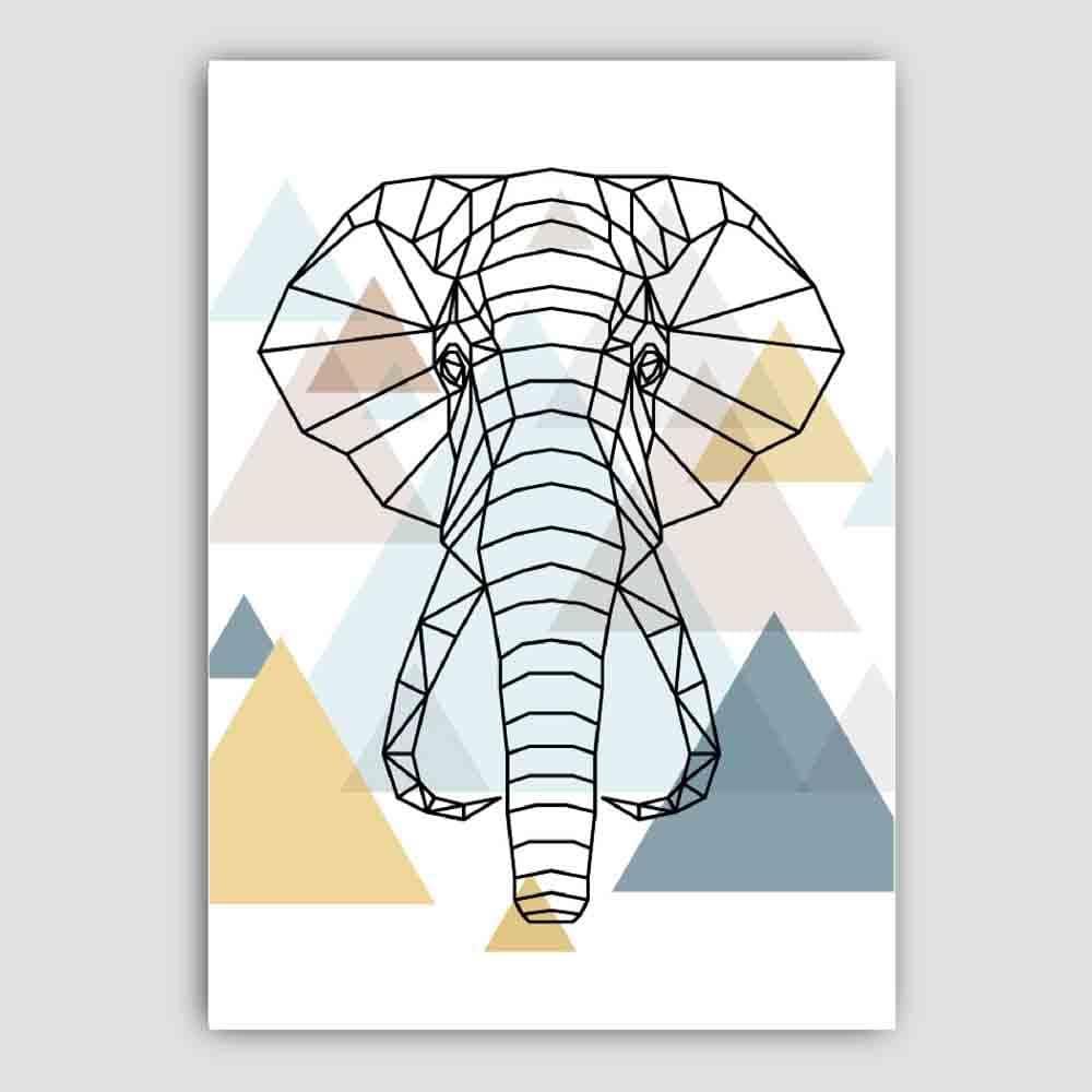 Elephant Head Abstract Multi Geometric Scandinavian Blue,Yellow,Beige Poster