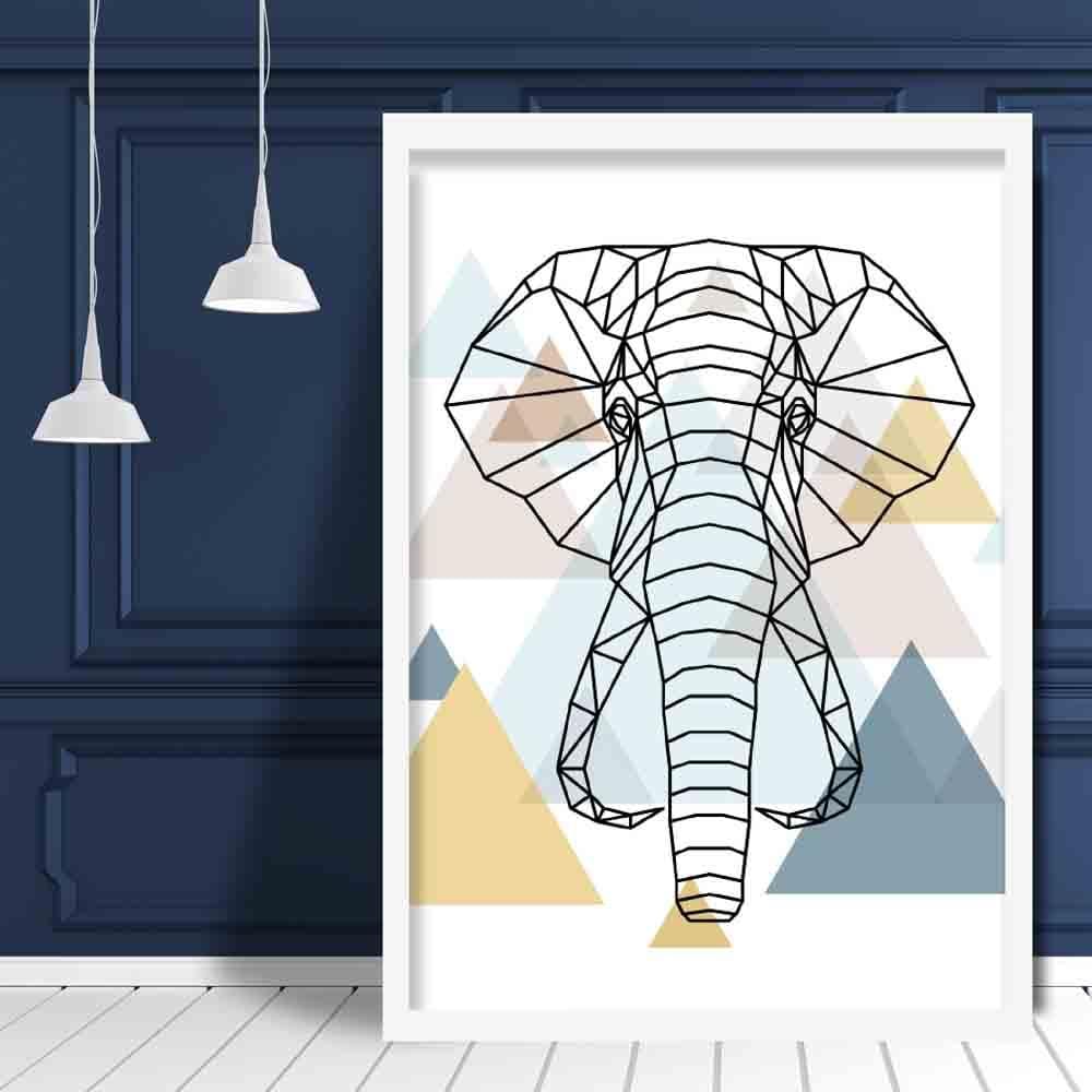 Elephant Head Abstract Multi Geometric Scandinavian Blue,Yellow,Beige Poster