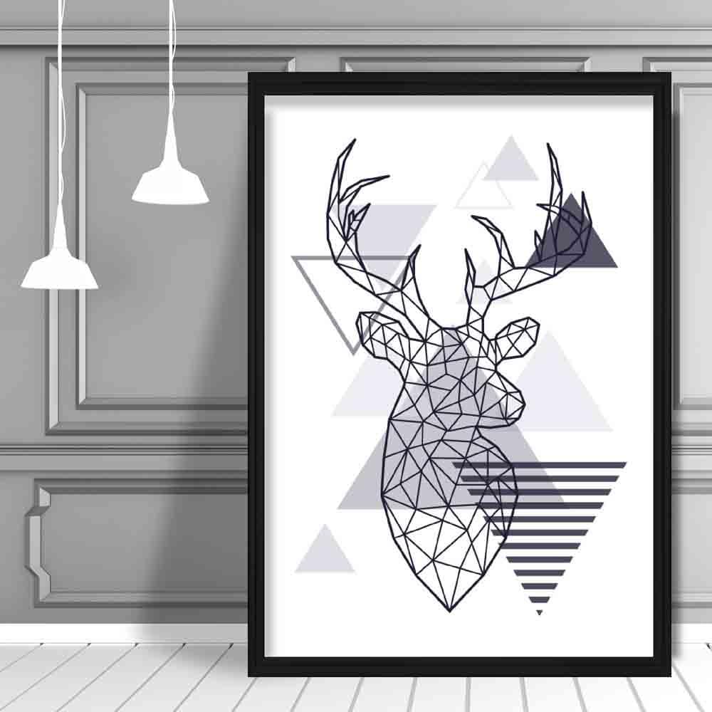 Stag Head Looking Right Abstract Geometric Scandinavian Navy Blue Poster