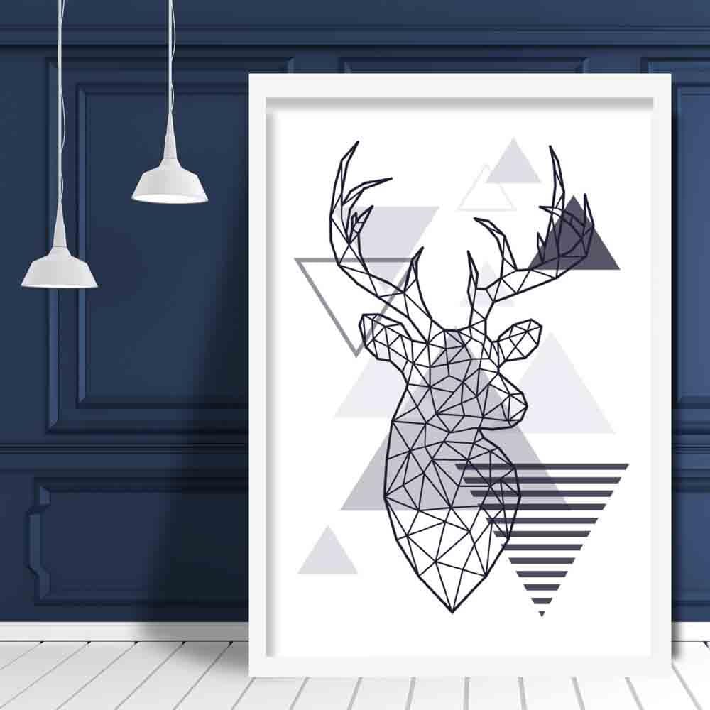 Stag Head Looking Right Abstract Geometric Scandinavian Navy Blue Poster
