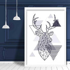 Stag Head Looking Right Abstract Geometric Scandinavian Navy Blue Poster