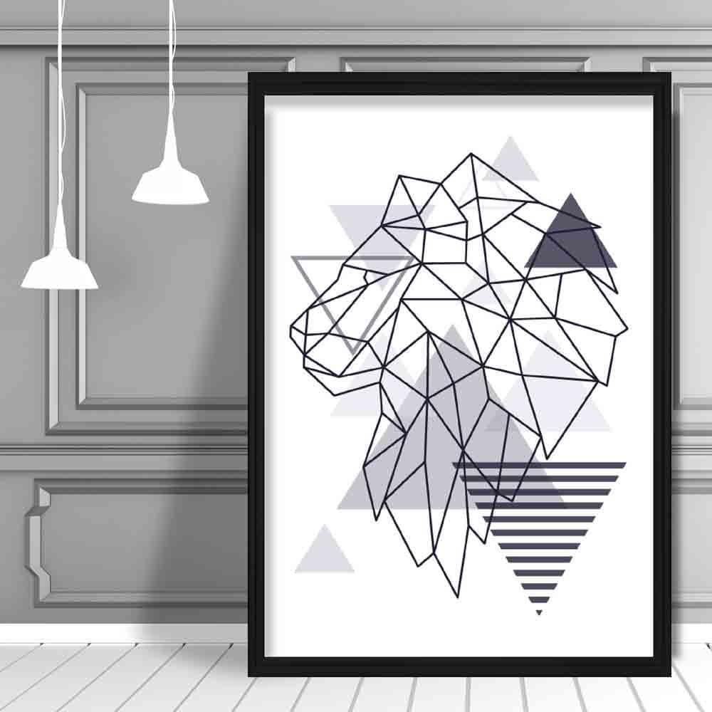 Lion Head Looking Left Abstract Geometric Scandinavian Navy Blue Poster