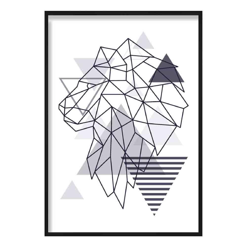 Lion Head Looking Left Abstract Geometric Scandinavian Navy Blue Poster