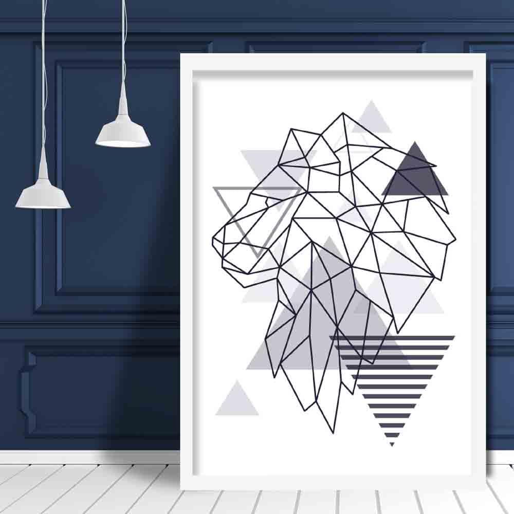 Lion Head Looking Left Abstract Geometric Scandinavian Navy Blue Poster
