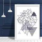 Lion Head Looking Left Abstract Geometric Scandinavian Navy Blue Poster