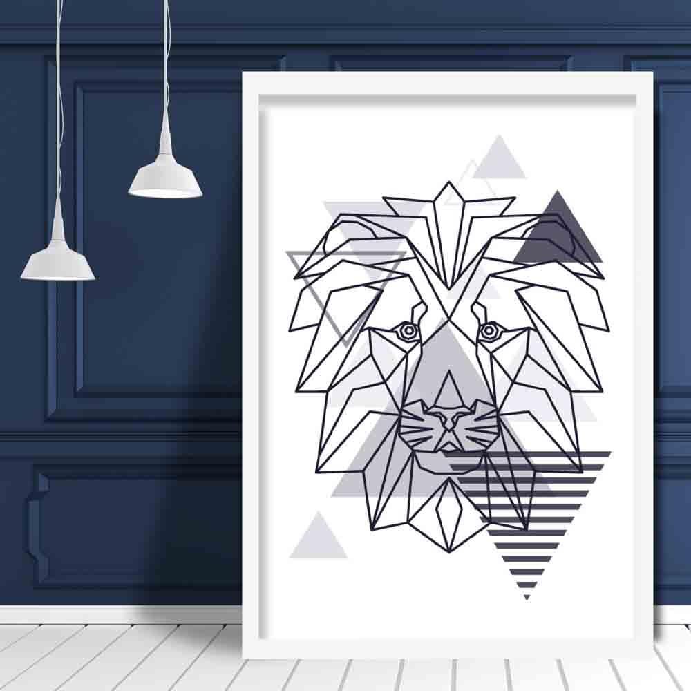 Lion Head Abstract Geometric Scandinavian Navy Blue Poster