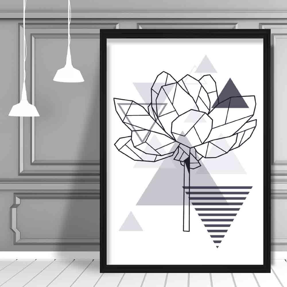 Peony Flower Abstract Geometric Scandinavian Navy Blue Poster