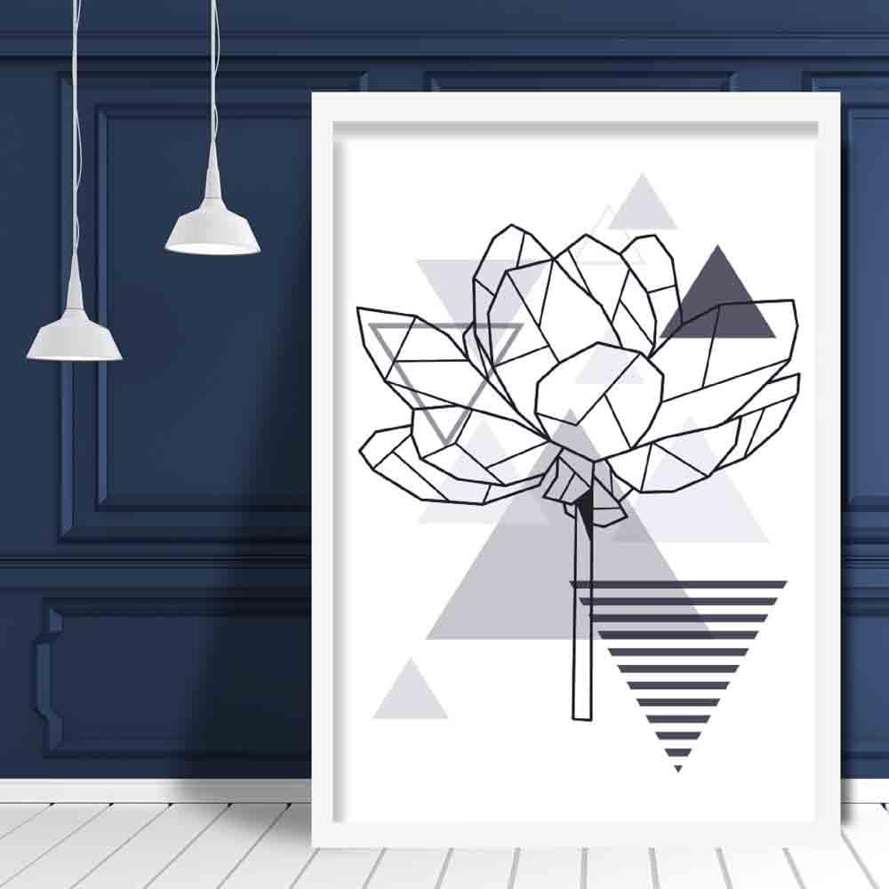 Peony Flower Abstract Geometric Scandinavian Navy Blue Poster