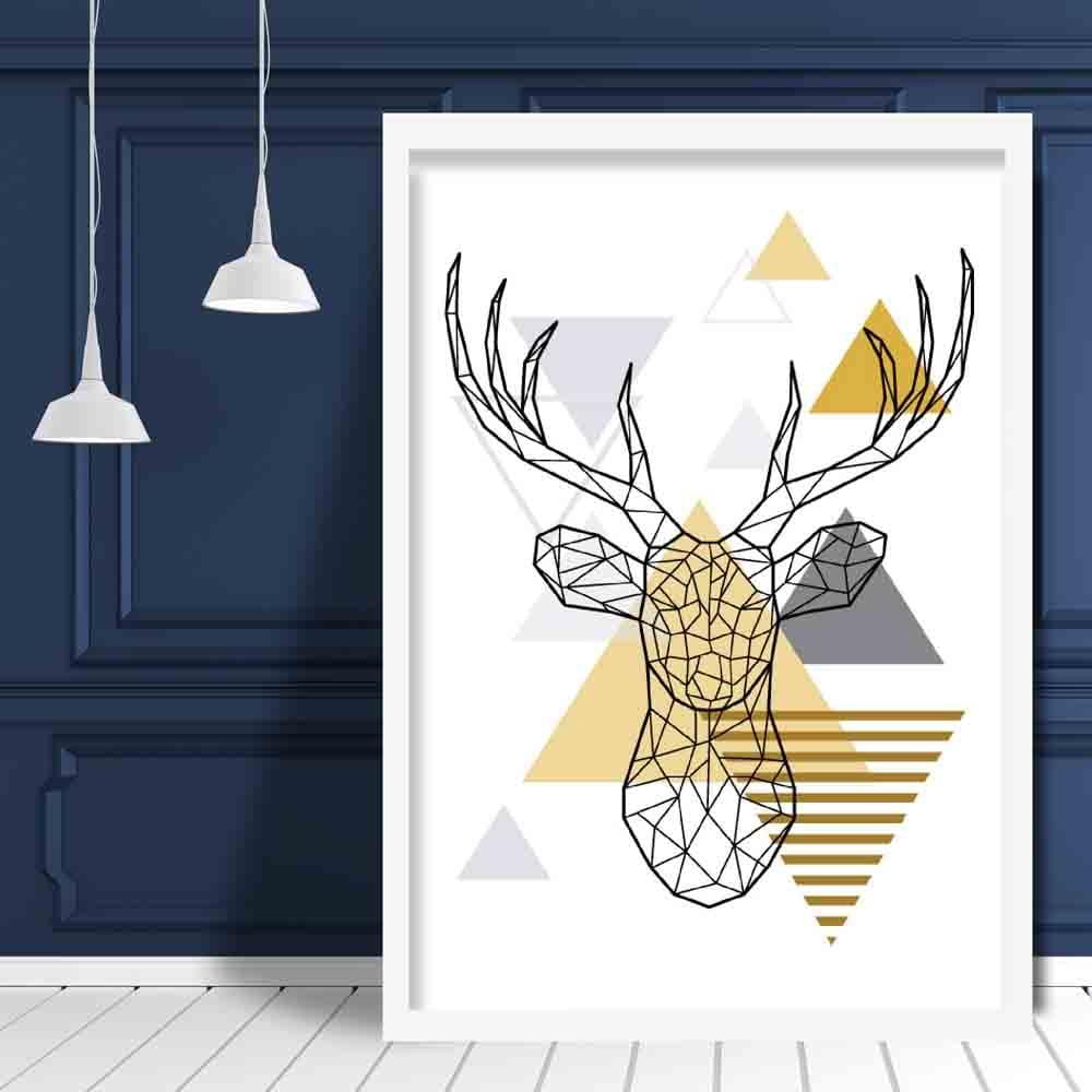Stag Head Abstract Geometric Scandinavian Yellow and Grey Print
