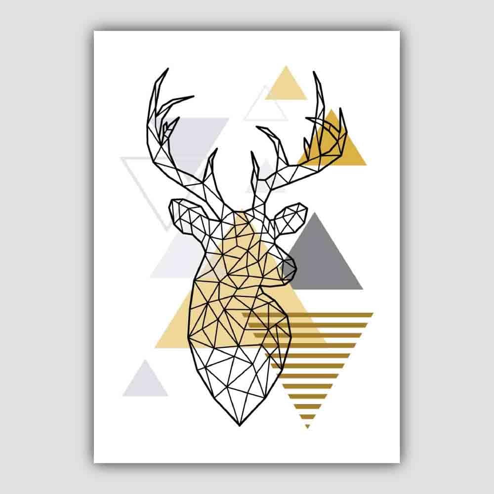 Stag Head Looking Right Abstract Geometric Scandinavian Yellow and Grey Poster