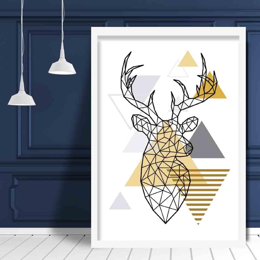 Stag Head Looking Right Abstract Geometric Scandinavian Yellow and Grey Poster