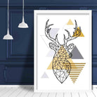 Stag Head Looking Right Abstract Geometric Scandinavian Yellow and Grey Poster