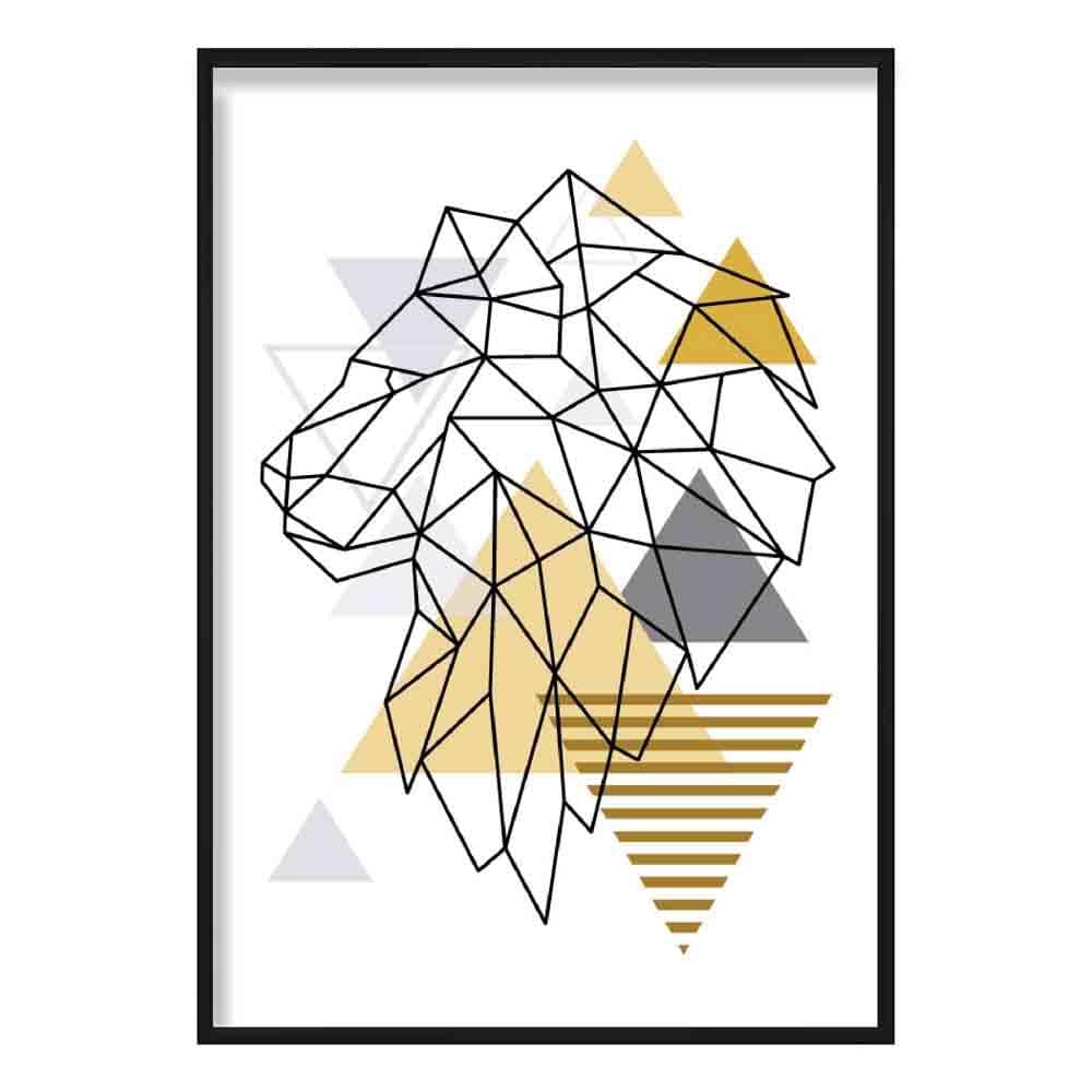 Lion Head Looking Left Abstract Geometric Scandinavian Yellow and Grey Print