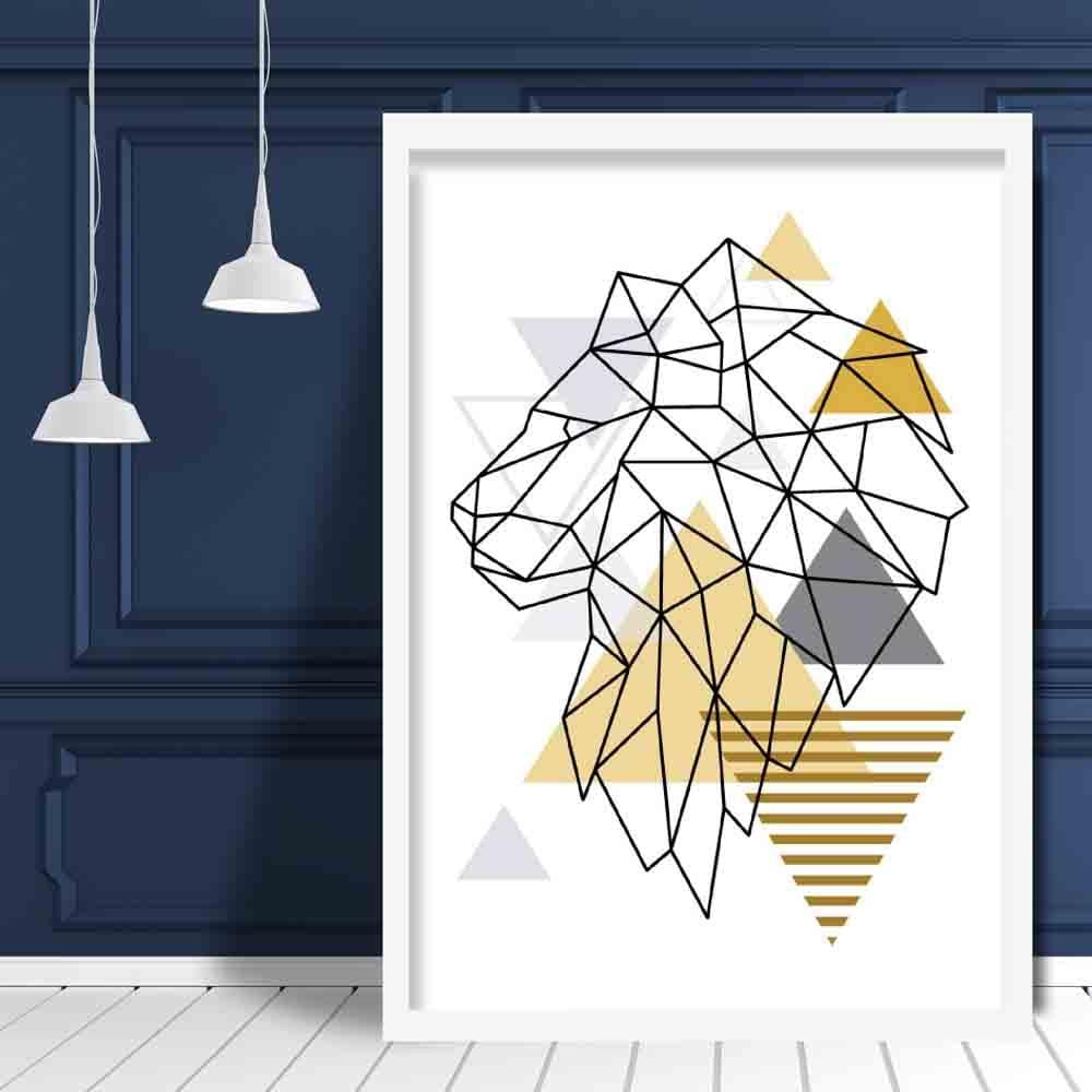 Lion Head Looking Left Abstract Geometric Scandinavian Yellow and Grey Print