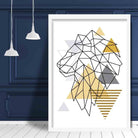 Lion Head Looking Left Abstract Geometric Scandinavian Yellow and Grey Print